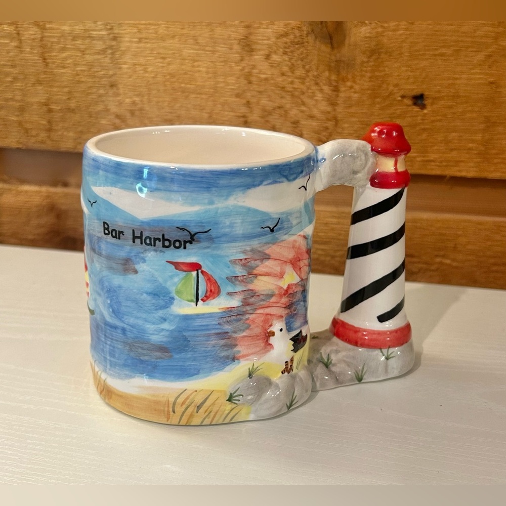 Bar Harbor Coffee Tea Ceramic Mug Cup Beach Lighthouse Sailboats Seagulls - Picture 2 of 10